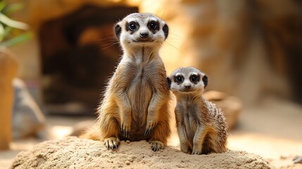 A meerkat family standing alert on a sandy mound