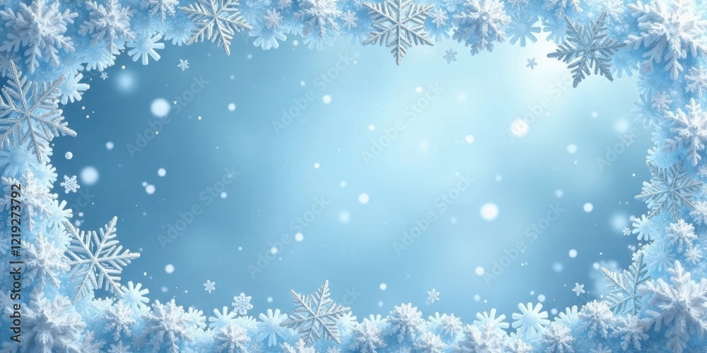 Poster Winter Wonderland A Serene and Festive Frame of Sparkling Snowflakes on a Soft Blue Background