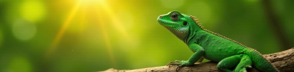Fototapeta premium An emerald lizard is seen basking in the warm sunlight on a tree branch, sunbathing, scenery, natural