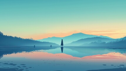 Obraz premium City Pop Dreamscape, a vibrant portrayal of a young woman by a twilight lake, featuring bold outlines, solid colors, and a serene, geometric style reminiscent of pop art.