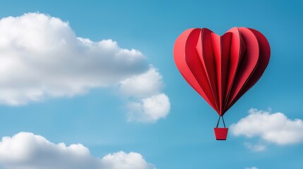 Fototapeta premium Bright Red Heart Shaped Hot Air Balloon Floating in a Clear Blue Sky Surrounded by Fluffy White Clouds