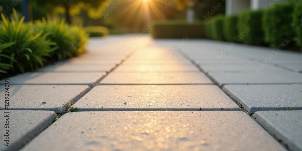 Poster sunlit pathway a serene evening stroll on interlocking stone tiles with lush green border