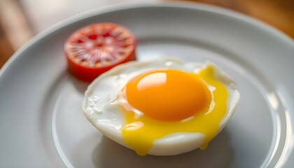 a white plate topped with an egg and a tomato