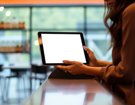 Mujer sosteniendo una tableta digital con una maqueta de pantalla en blanco en el mostrador de un bar

