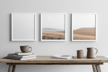 Three minimalist landscape prints in white frames on a wooden console table.