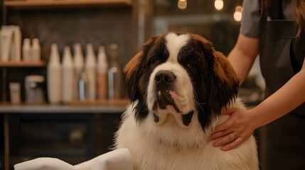 Large Saint Bernard enjoys grooming session indoors while waiting patiently for attention and care in a cozy setting