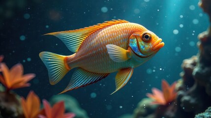 A Vibrant Orange Fish Swims Gracefully Through a Deep Blue Aquatic Environment, Surrounded by Lush Underwater Flora