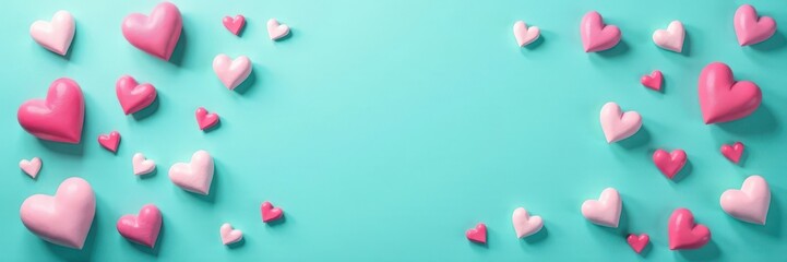 Fototapeta premium Pastel hearts scattered on turquoise backdrop, conversation hearts, pastel, delicious