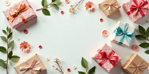 A festive arrangement of assorted gift boxes adorned with ribbons and embellished with delicate floral accents and small buttons, creating a charming and celebratory scene.