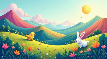 A cheerful chick and bunny enjoy a spring day amidst vibrant hills and blooming flowers, basking in the warm sunlight.