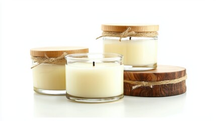 A set of premium organic candles, placed in glass jars, on a white background