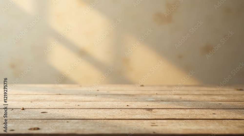 Poster rustic wooden tabletop against a softly lit background, ideal for product displays and mockups featu