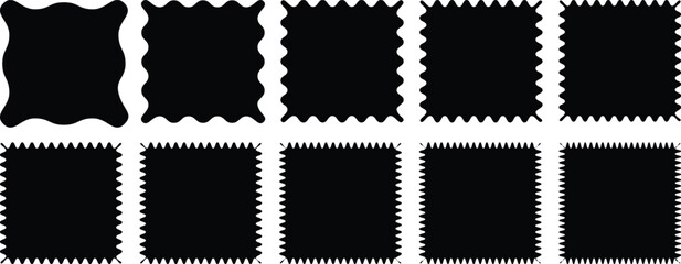 Zigzag edge square shape collection. Black grunge jagged square frames. Vector torn paper sheet for sticker, collage, banner. Ripped shapes silhouettes on transparent background.