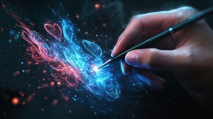 Hand with pen drawing creative social network interface and glowing human resource concept