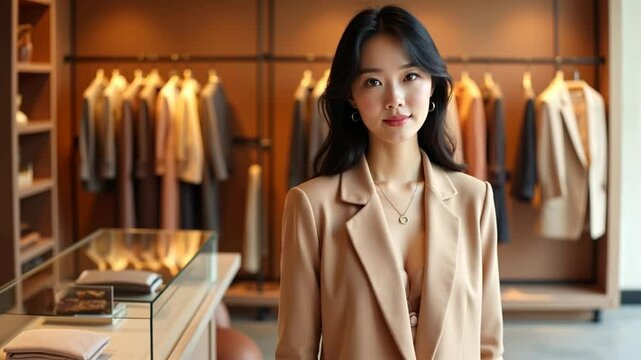 Elegant Asian woman smiling in a luxury fashion boutique in mocha mousse colors with neatly displayed clothes and warm lighting. Concept of sophistication and premium retail.