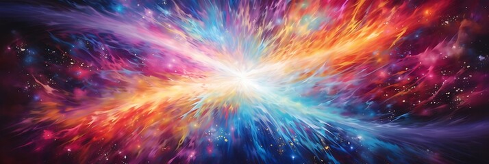 Cosmic Explosion: A captivating cosmic explosion bursts forth with radiant energy, unleashing a symphony of vibrant hues and celestial matter.  Swirling clouds of red, orange, blue.