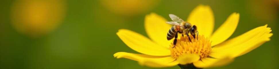 Honey bee resting on the delicate petals of a yellow daisy, bloom, insects