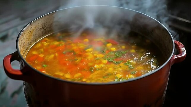 Steaming corn chowder pot, kitchen cooking