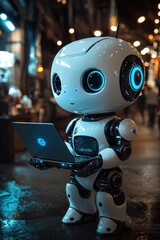 Adorable White Robot Using Laptop in a Futuristic Urban Setting