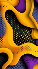 Obraz premium Abstract neon gradient, punchy yellow and purple dots, retro Memphis swirls, bold scattered typography with a dynamic background