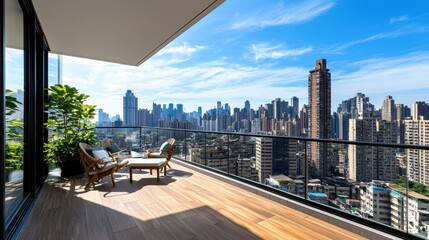 Fototapeta premium Modern balcony view overlooking a vibrant city skyline with lush greenery. PM2.5 concept