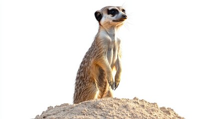 Fototapeta premium A curious meerkat standing upright on a sandy hill, looking around, on a white isolated background