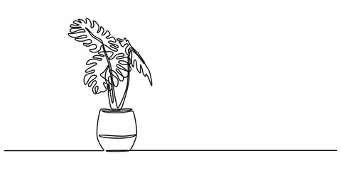 Naklejka premium Monstera in pot drawing in one continuous line, Single continuous line drawing monstera. Monstera leaf line art. Contour drawing. Minimalism art. Modern decor, beauty potted tropical leaf monstera.