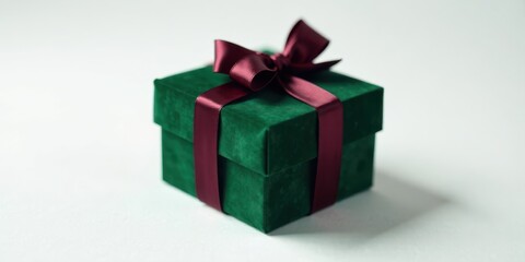A luxuriously wrapped emerald green velvet gift box with a deep burgundy ribbon, ready for a special occasion