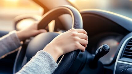 Woman is holding steering wheel while driving a modern car at sunset, enjoying road trip or commuting to work, concept of safe driving and transportation