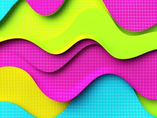 Abstract grid background with floating neon green shapes, jagged hot pink zigzags, vibrant purple overlays, bold retro text