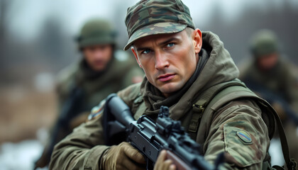 Fototapeta premium A soldier's intense gaze reflects determination and readiness amidst a blurred background of fellow soldiers.