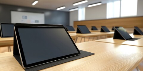 Modern Classroom with Tablets on Desks for Engaging Learning Experience and Digital Education Initiatives