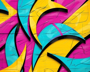 Funky retro 90s design, bold geometric triangles, colorful squiggles, vibrant textures in purple, yellow, and turquoise, high-energy background