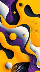 Abstract neon gradient, punchy yellow and purple dots, retro Memphis swirls, bold scattered typography with a dynamic background