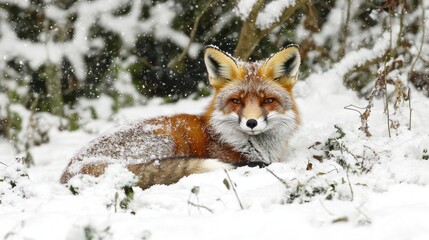 Obraz premium A red fox in a snowy forest, with its bright red fur contrasting against the white snow,