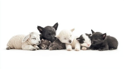 Obraz premium A group of baby animals playing together, including a lamb, puppy, and kitten, on a white isolated background