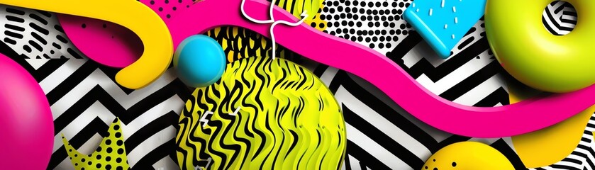 Geometric 90s patterns, scattered hot pink lines, bold lime green zigzags, funky overlapping shapes in a vibrant layout