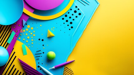 Obraz premium Bold retro theme with jagged purple and turquoise shapes, oversized yellow typography, and scattered lime accents on a textured background