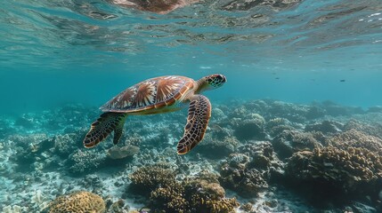 Fototapeta premium A sea turtle swimming gracefully through crystal-clear water, with coral reefs below