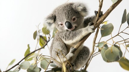 Obraz premium A baby koala climbing a eucalyptus tree, with a sleepy expression, on a white isolated background