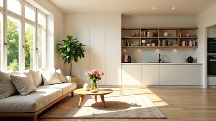 Serene Minimalist Living Room Design Featuring a Light-Colored Sofa, Wooden Coffee Table, and Open Shelving Unit in a Bright and Airy Space