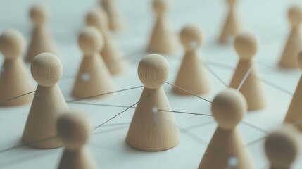Obraz premium Network concept with wooden figures connected on a white surface symbolizing human resources strategy and management