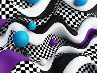 Colorful abstract 90s background with checkered black-and-white grid, floating spheres in blue, purple waves, bold geometric vibe