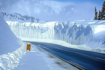 A blizzard covering a mountain pass, with snowdrifts burying the road and limiting visibility.