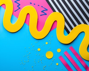 Funky 90s design featuring pastel yellow squiggles, geometric pink and blue patterns, neon zigzag accents on a playful layout