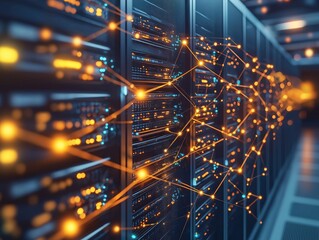 Advanced tech infrastructure. Network of interconnected servers. Data storage, management. High-performance computing environment. Modern data center. Big data processing, optimization. Enterprise