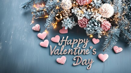 Fototapeta premium Festive Valentine's Day Card Design with Colorful Flowers and Hearts on a Wooden Table Background