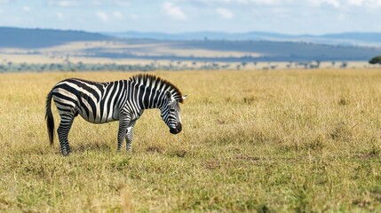 Obraz premium A majestic zebra grazing in a field, with its black and white stripes visible
