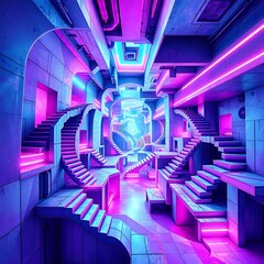 Futuristic Neon Cityscape at Night with Impossible Staircases