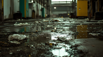 Environmental management/waste management in industry, messy and dirty industrial floor 